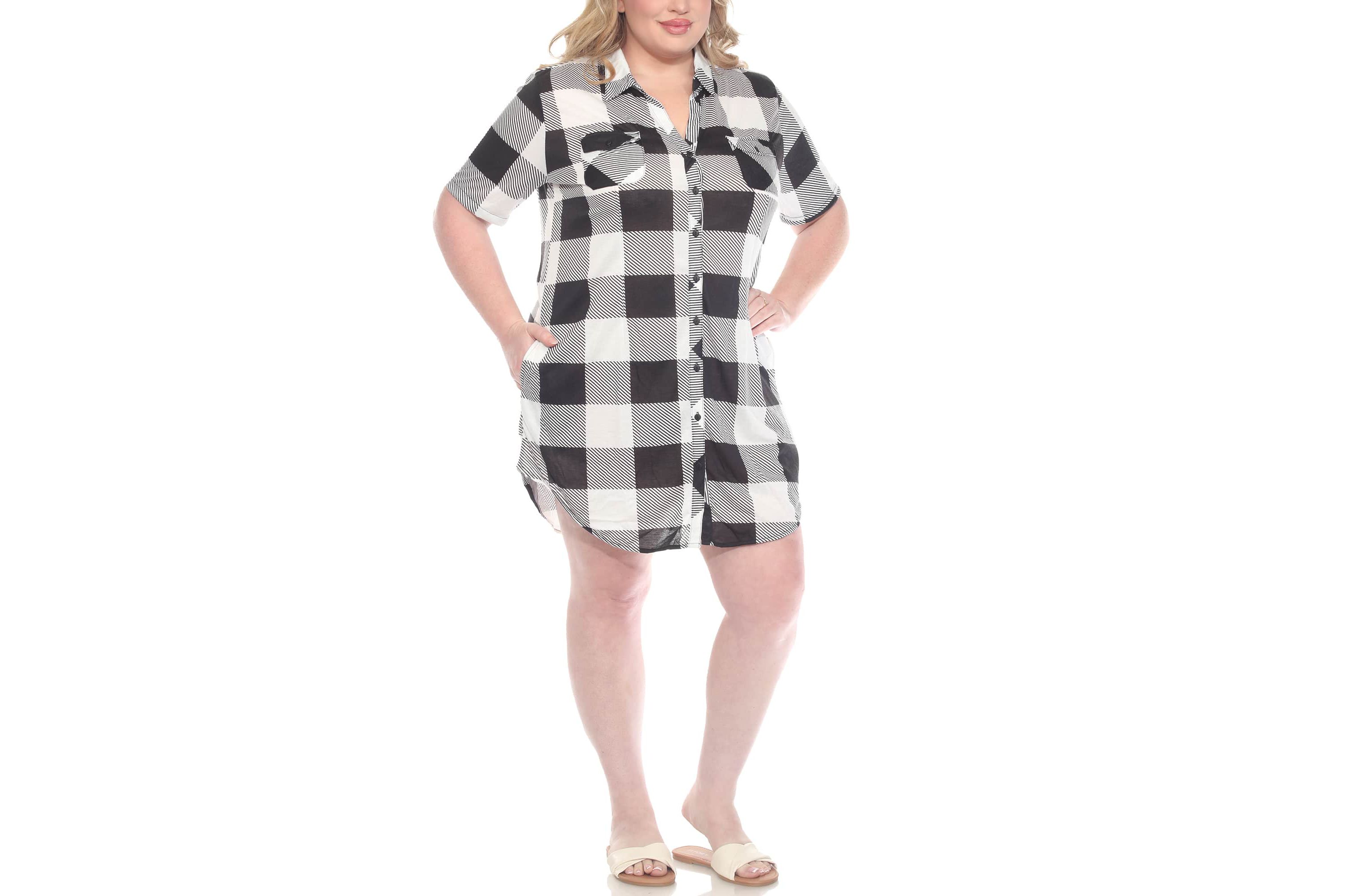 Plus Size Short Sleeve Plaid Button-Down Shirt Dress