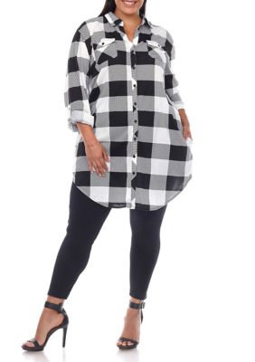White Mark Women's Plus Size Plaid Tunic Shirt, Black, 3X