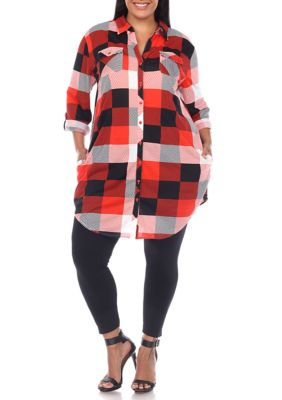 White Mark Women's Plus Size Plaid Tunic Shirt, Red, 3X