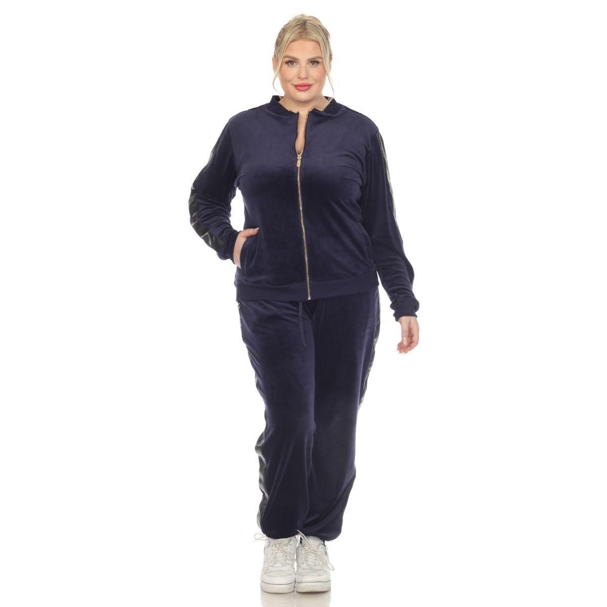 Plus Size 2-Piece Velour with Faux Leather Stripe