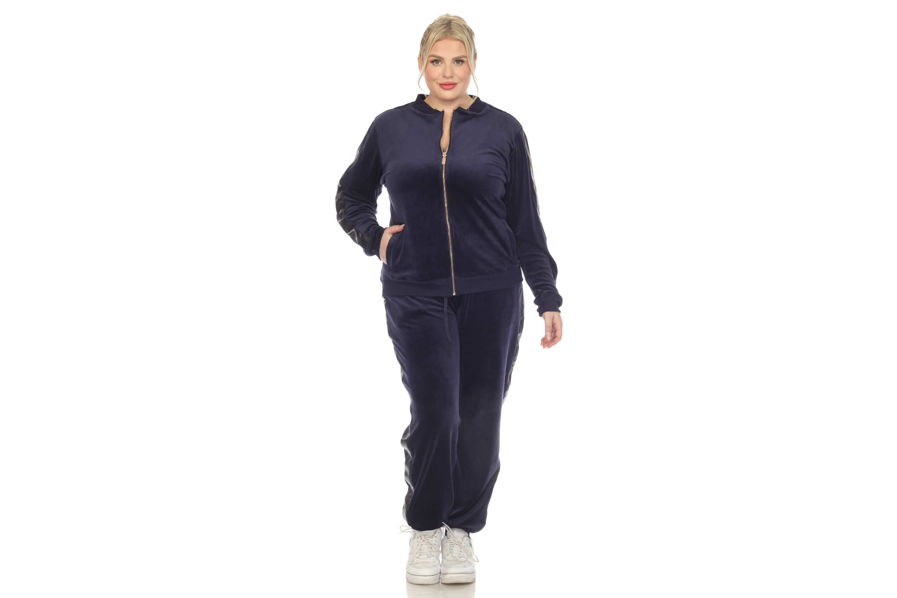 Plus Size 2-Piece Velour with Faux Leather Stripe