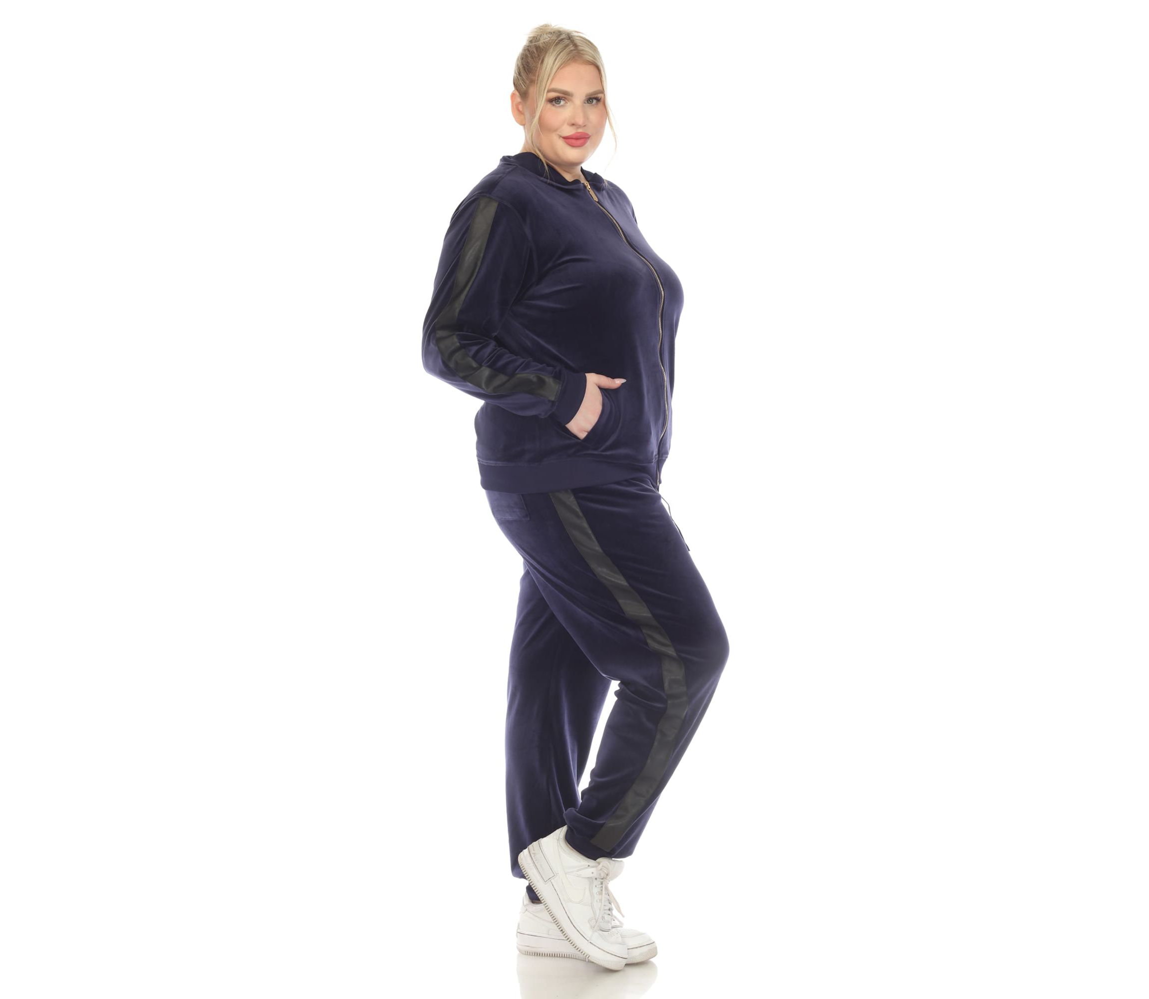 Plus Size 2-Piece Velour with Faux Leather Stripe