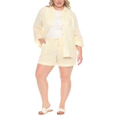 White Mark Women's Plus Size Gauze Button-Front Shirt & Shorts Set, Ivory, 3XL