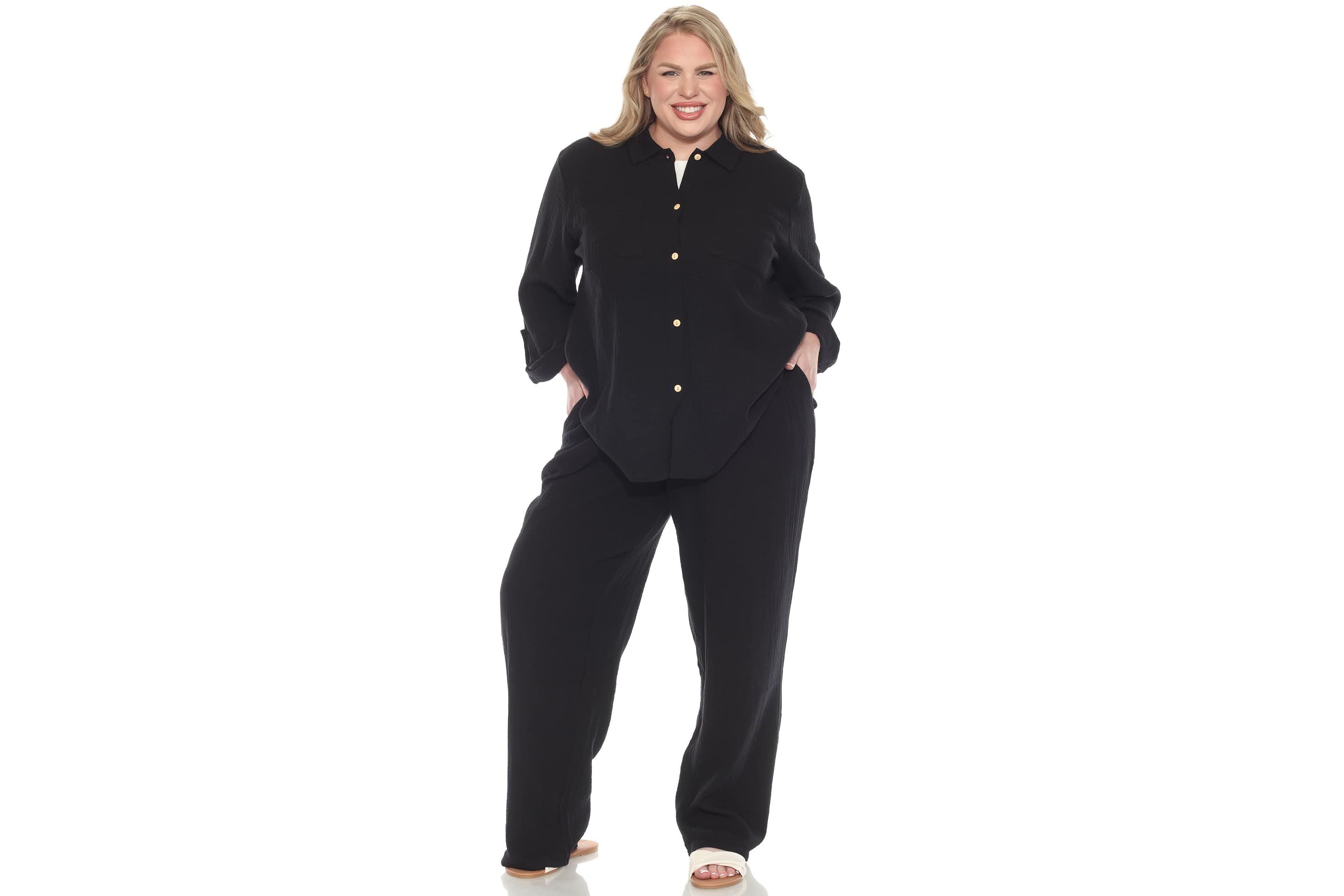 Plus Size Long Sleeve Button Down Cotton Gauze Set