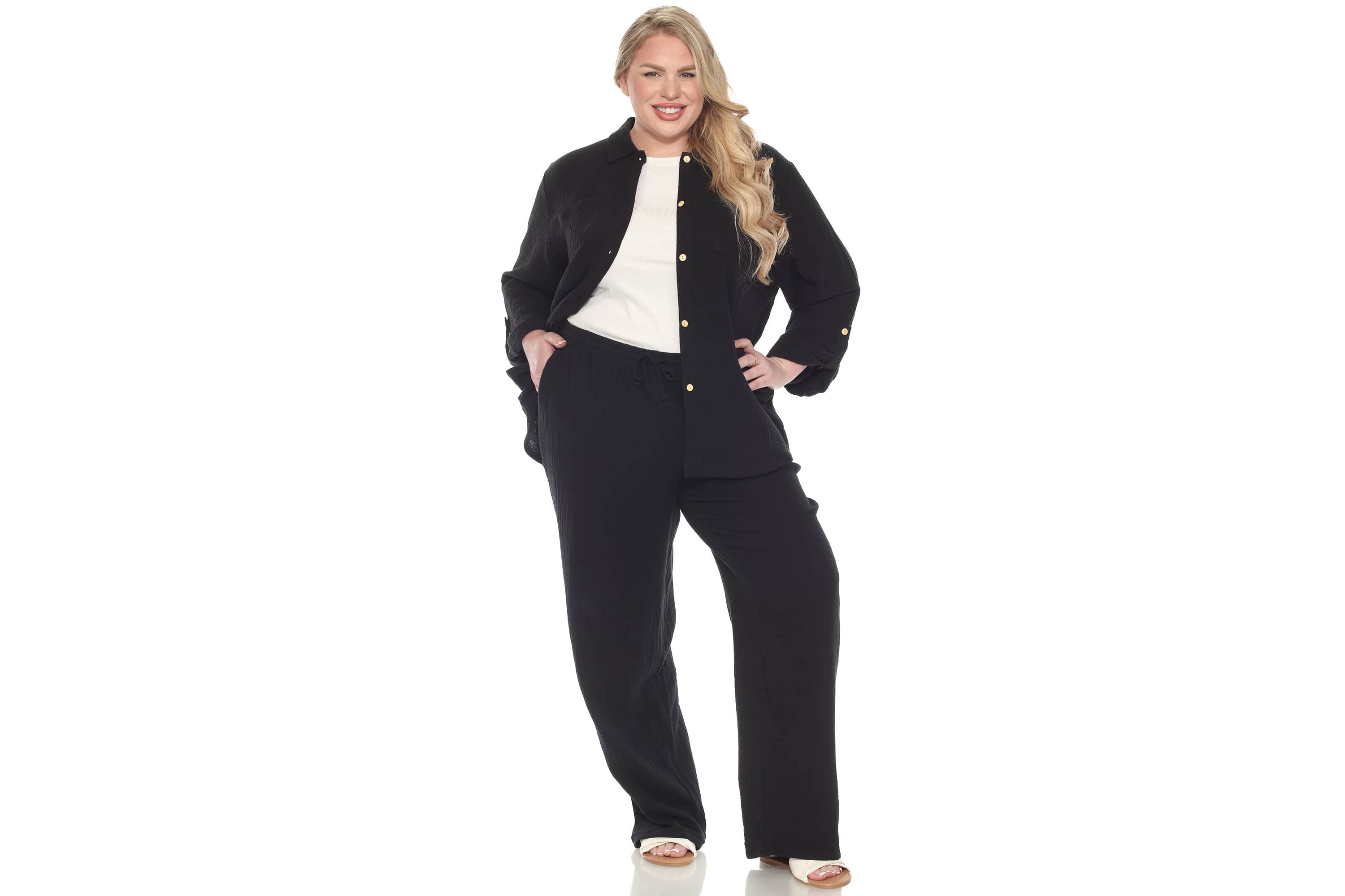 Plus Size Long Sleeve Button Down Cotton Gauze Set