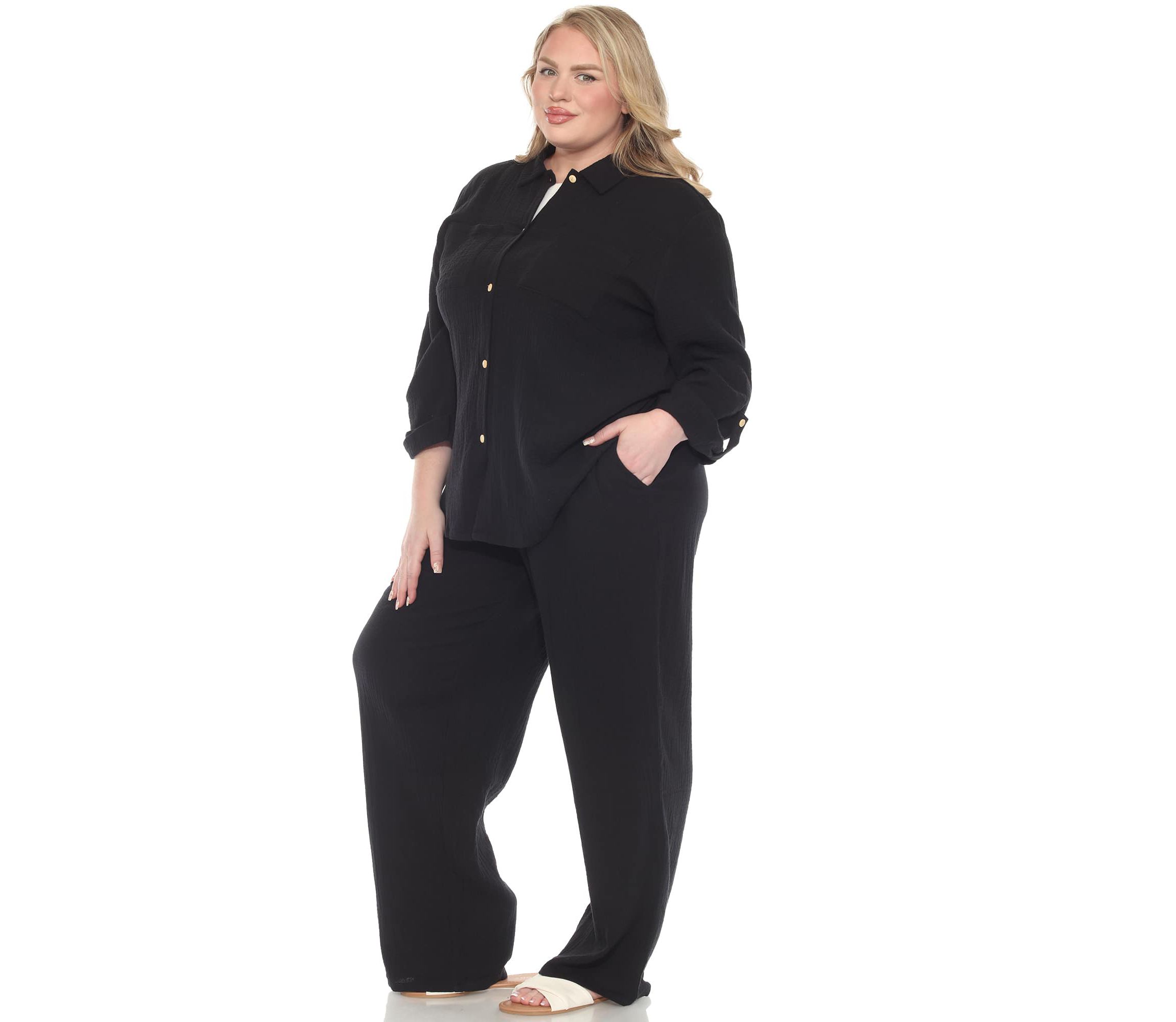 Plus Size Long Sleeve Button Down Cotton Gauze Set