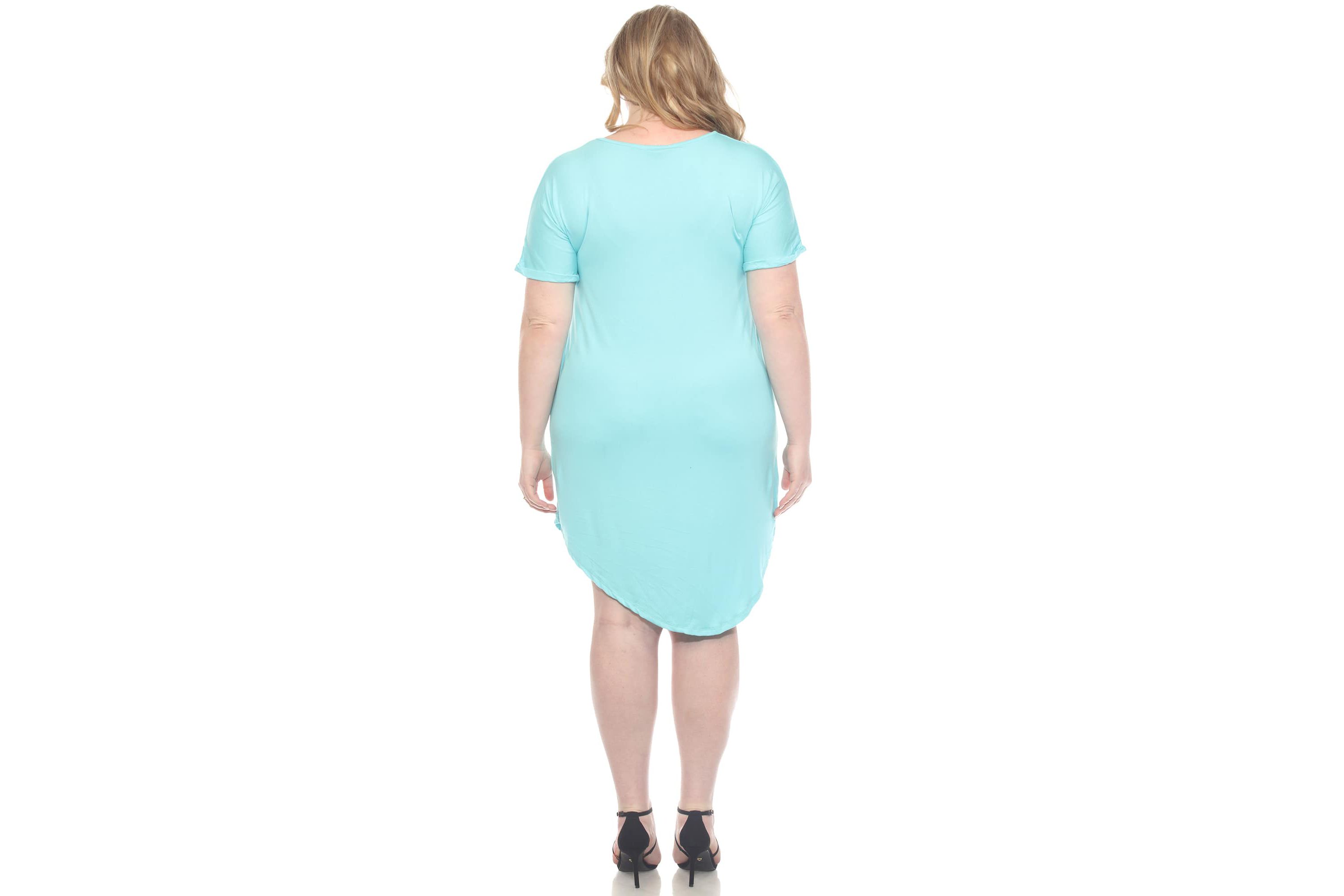 Plus Size V-Neck Folded Sleeves and Pockets Knee-Length Dress