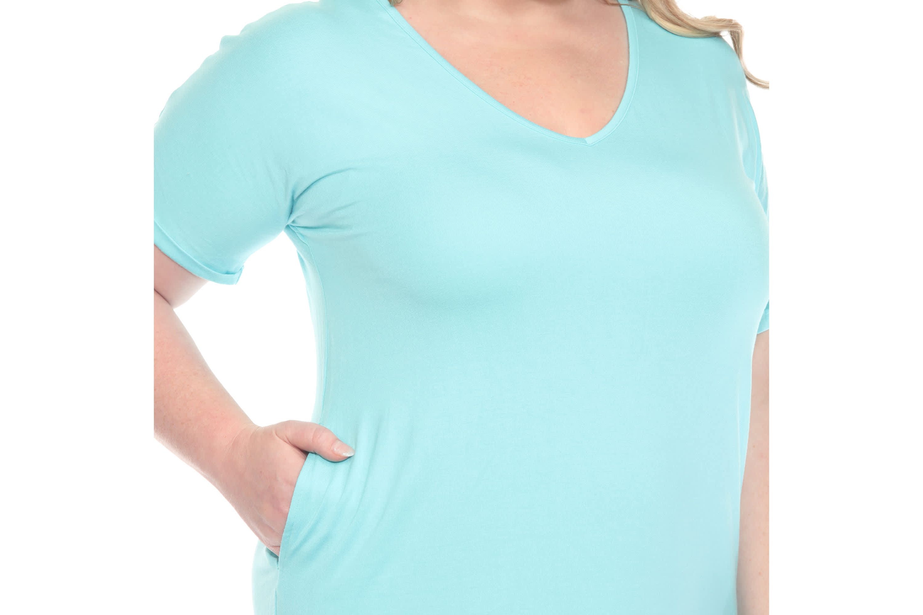 Plus Size V-Neck Folded Sleeves and Pockets Knee-Length Dress
