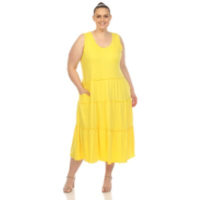 White Mark Women's Plus Size Scoop Neck Tiered Midi Dress, Yellow, 3X