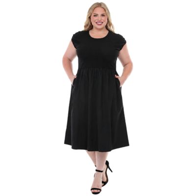 White Mark Women's Plus Size Ultrasoft Cotton Knit to Woven Midi Dress, Black, 2X