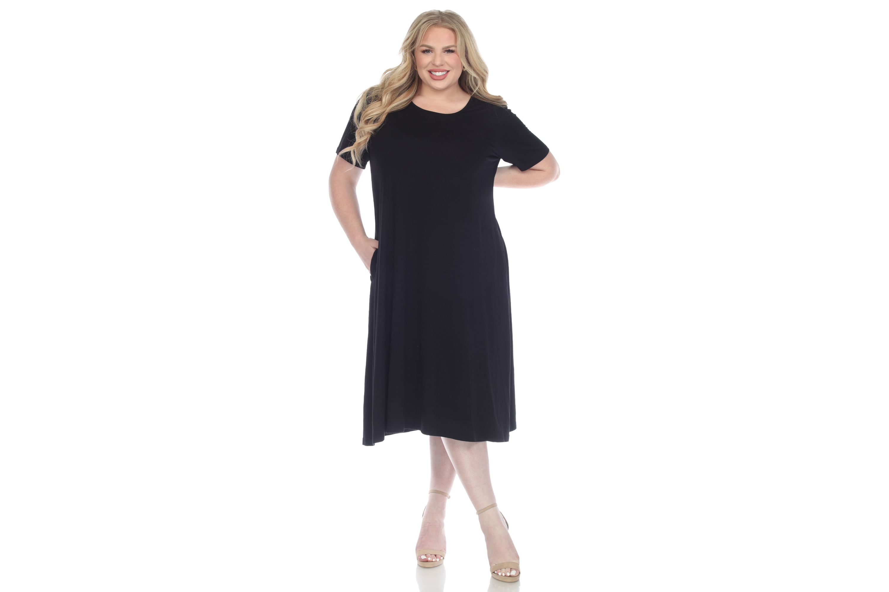 Plus Size Short Sleeve Pocket Swing Midi Dress