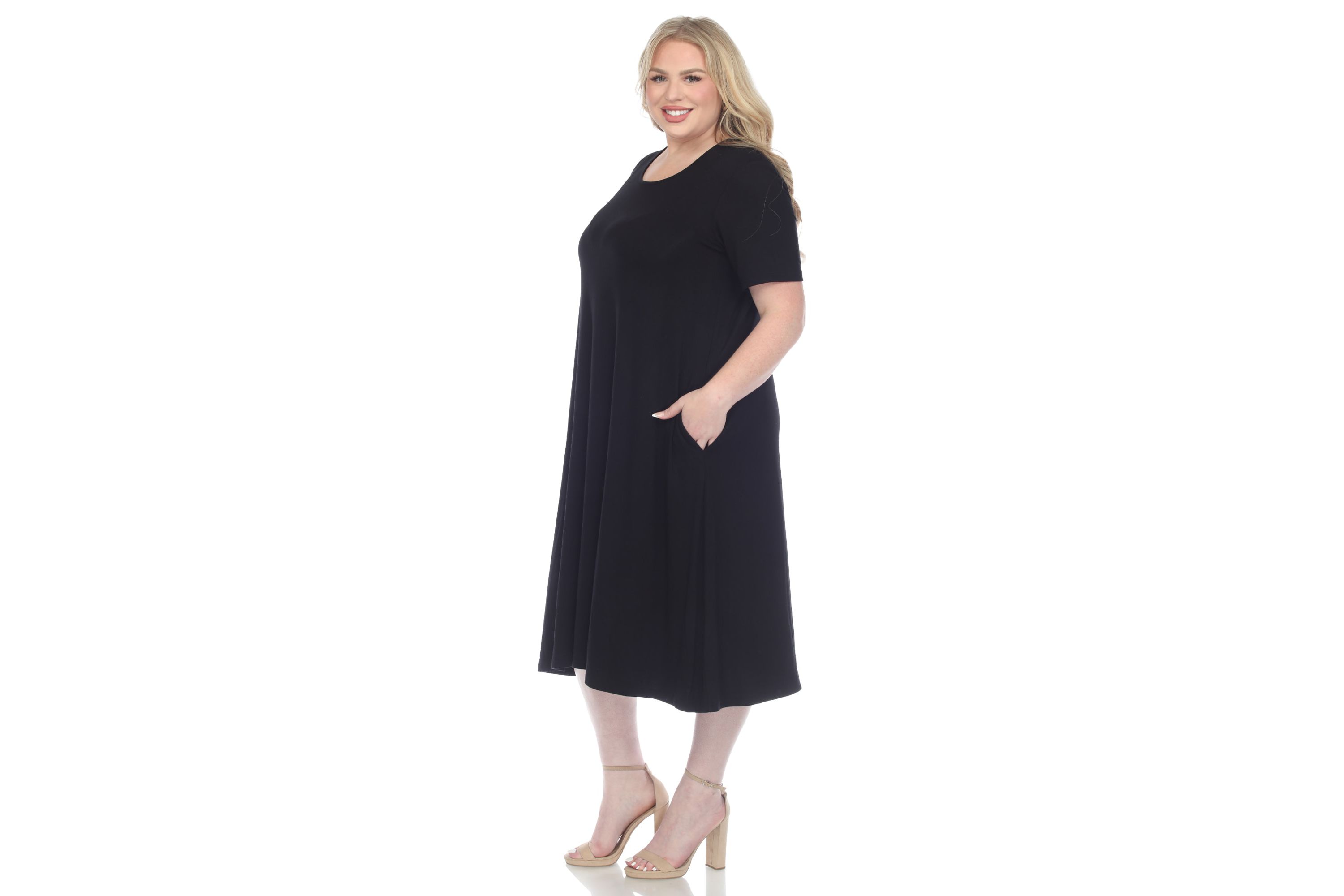 Plus Size Short Sleeve Pocket Swing Midi Dress