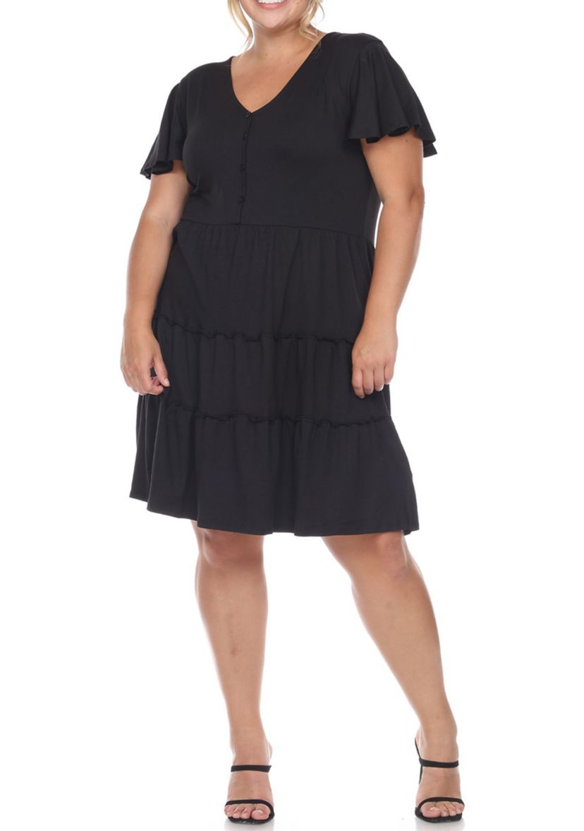 Plus Size Short Sleeve V-neck Tiered Midi Dress