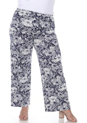 White Mark Women's Plus Size Floral Paisley Palazzo Pants, Navy Blue, 3X