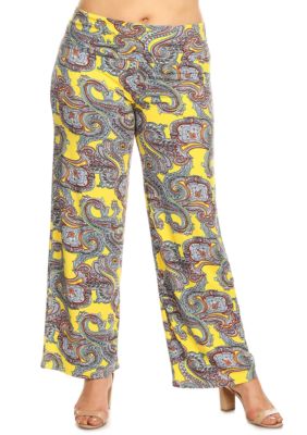 White Mark Women's Plus Size Paisley Printed Palazzo Pants, Yellow, 3X