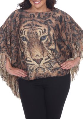 Plus Leopard Print Poncho with Fringe