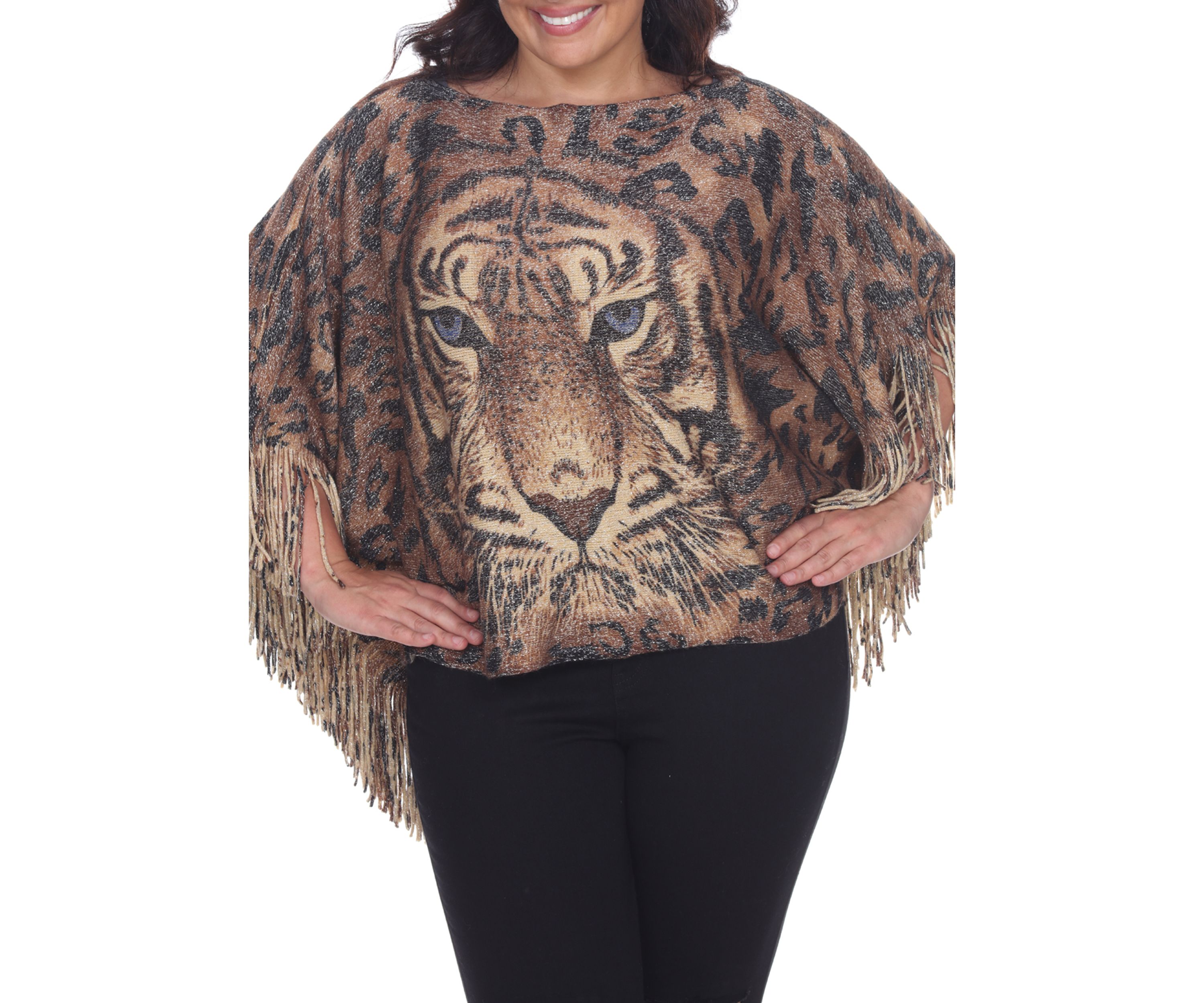 Plus Size Leopard Print Poncho with Fringe