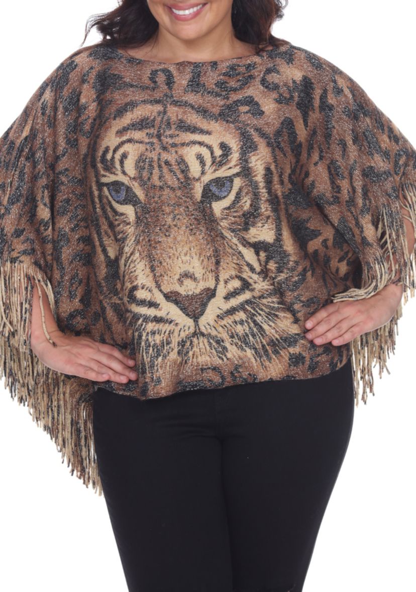 Plus Size Leopard Print Poncho with Fringe