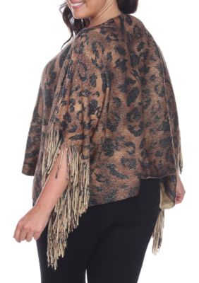 Plus Leopard Print Poncho with Fringe