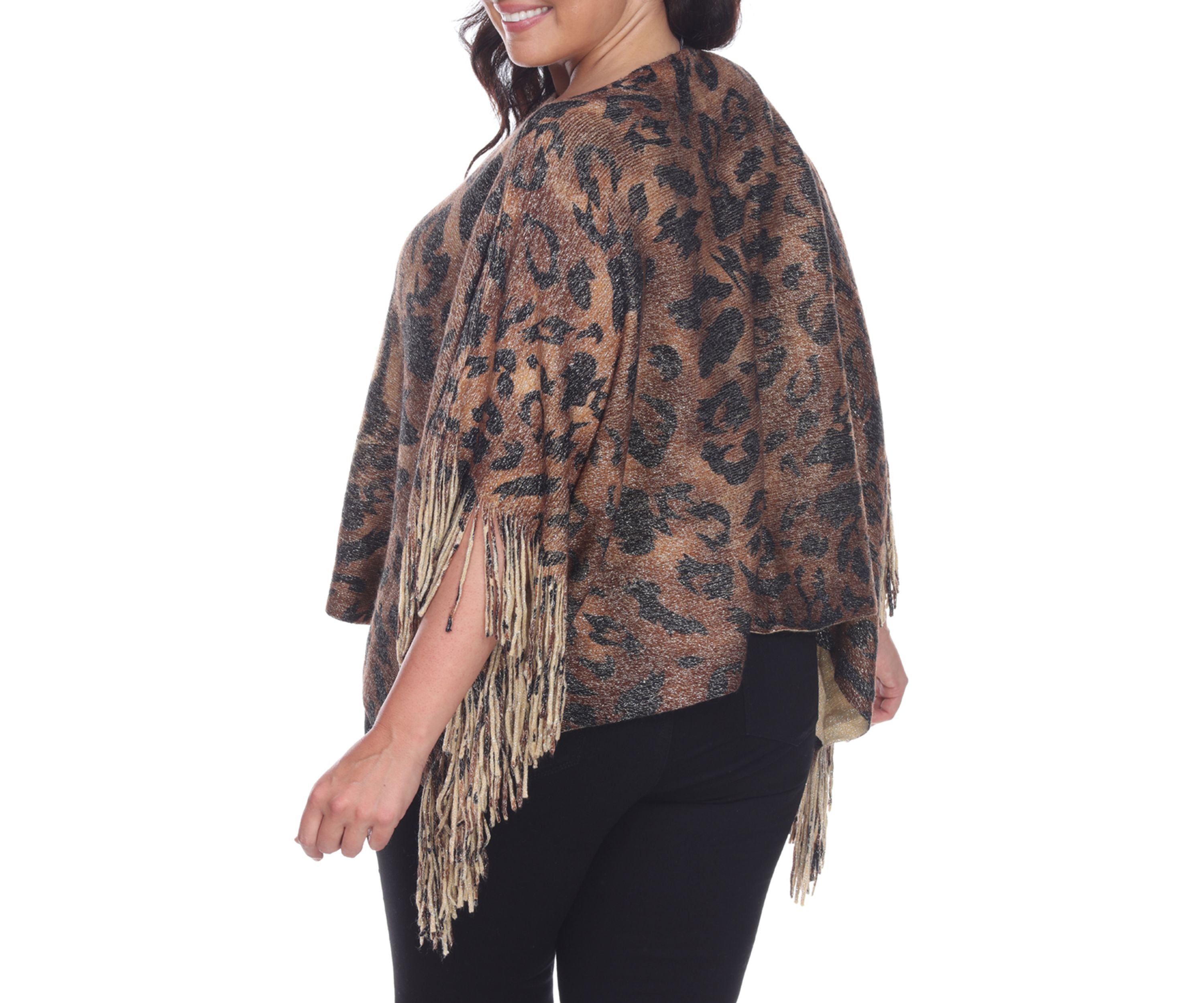 Plus Size Leopard Print Poncho with Fringe