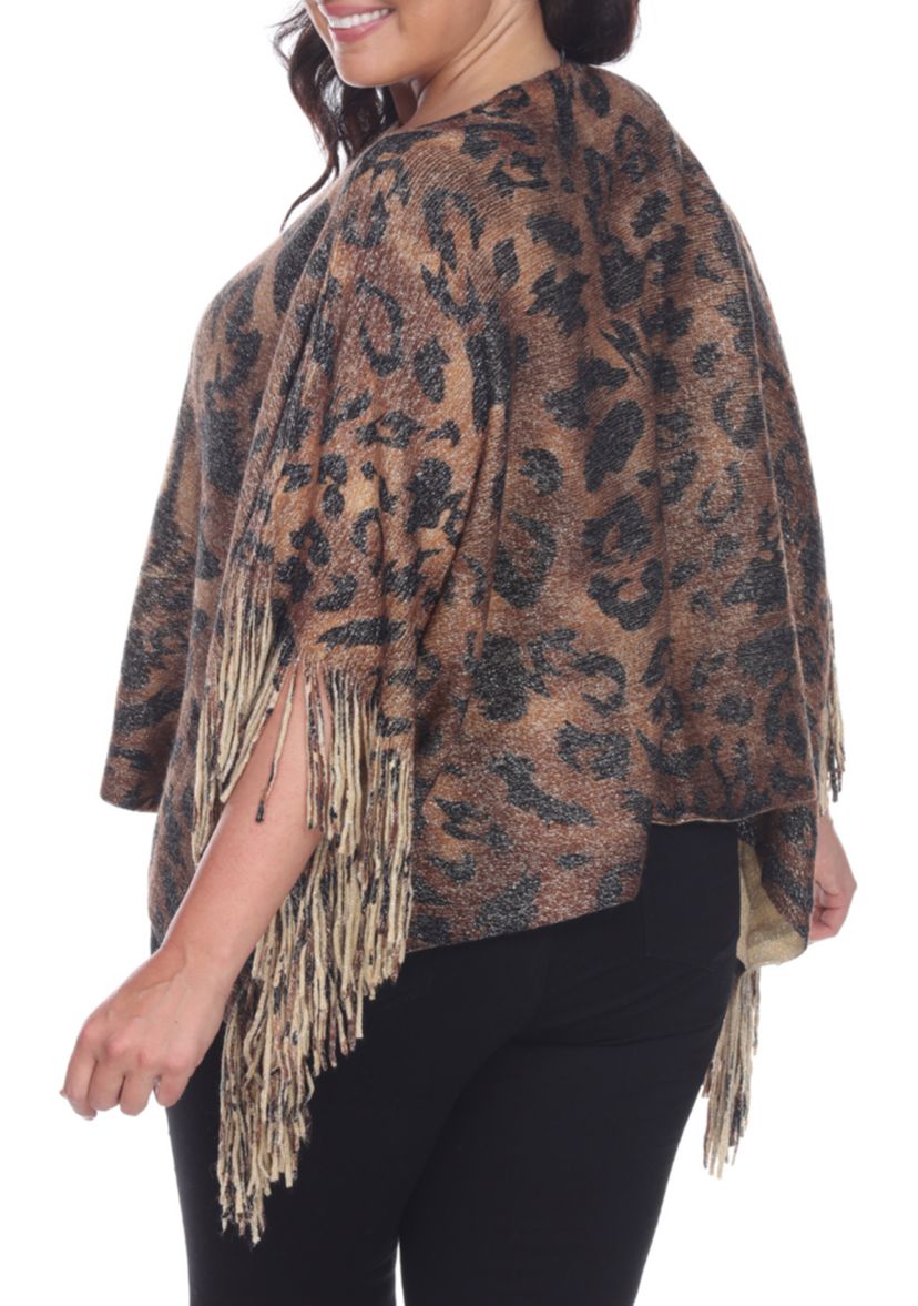 Plus Size Leopard Print Poncho with Fringe