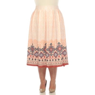 White Mark Women's Plus Size Floral Border Print Flared Skirt, Orange, 3X