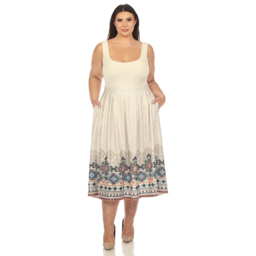 Plus Size Floral Border Print Flared Skirt