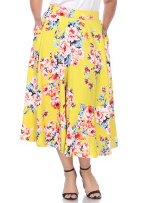 White Mark Women's Plus Size Floral Midi Skirt, Yellow, 2X
