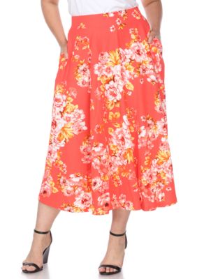 White Mark Women's Plus Size Floral Midi Skirt, Orange, 3X