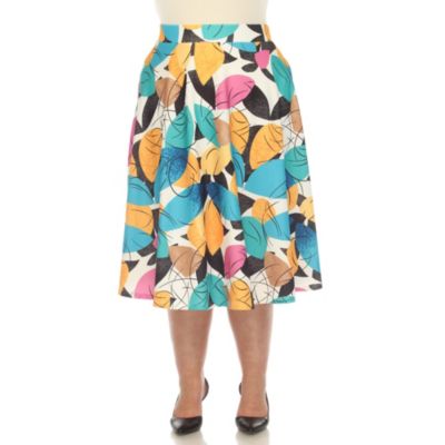 White Mark Women's Plus Size Leaf Print Flared Midi Skirt, Yellow, 3X