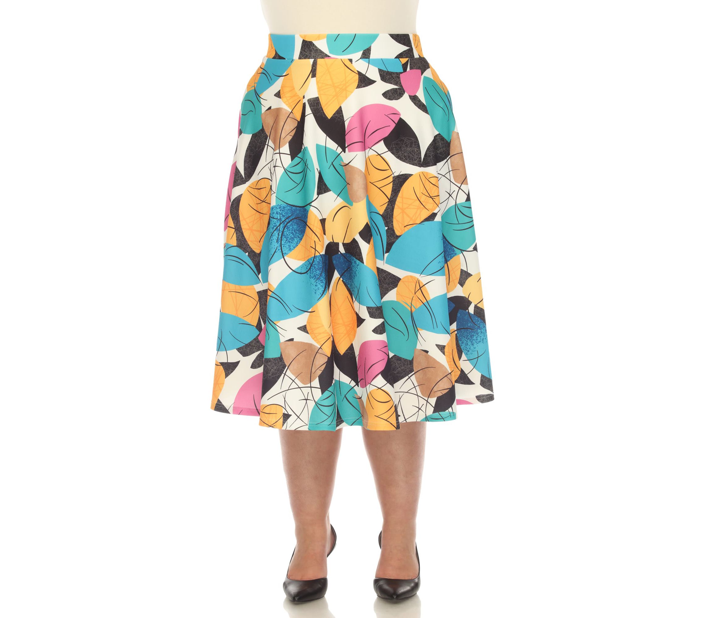 Plus Size Leaf Print Vintage Flared Midi Skirt