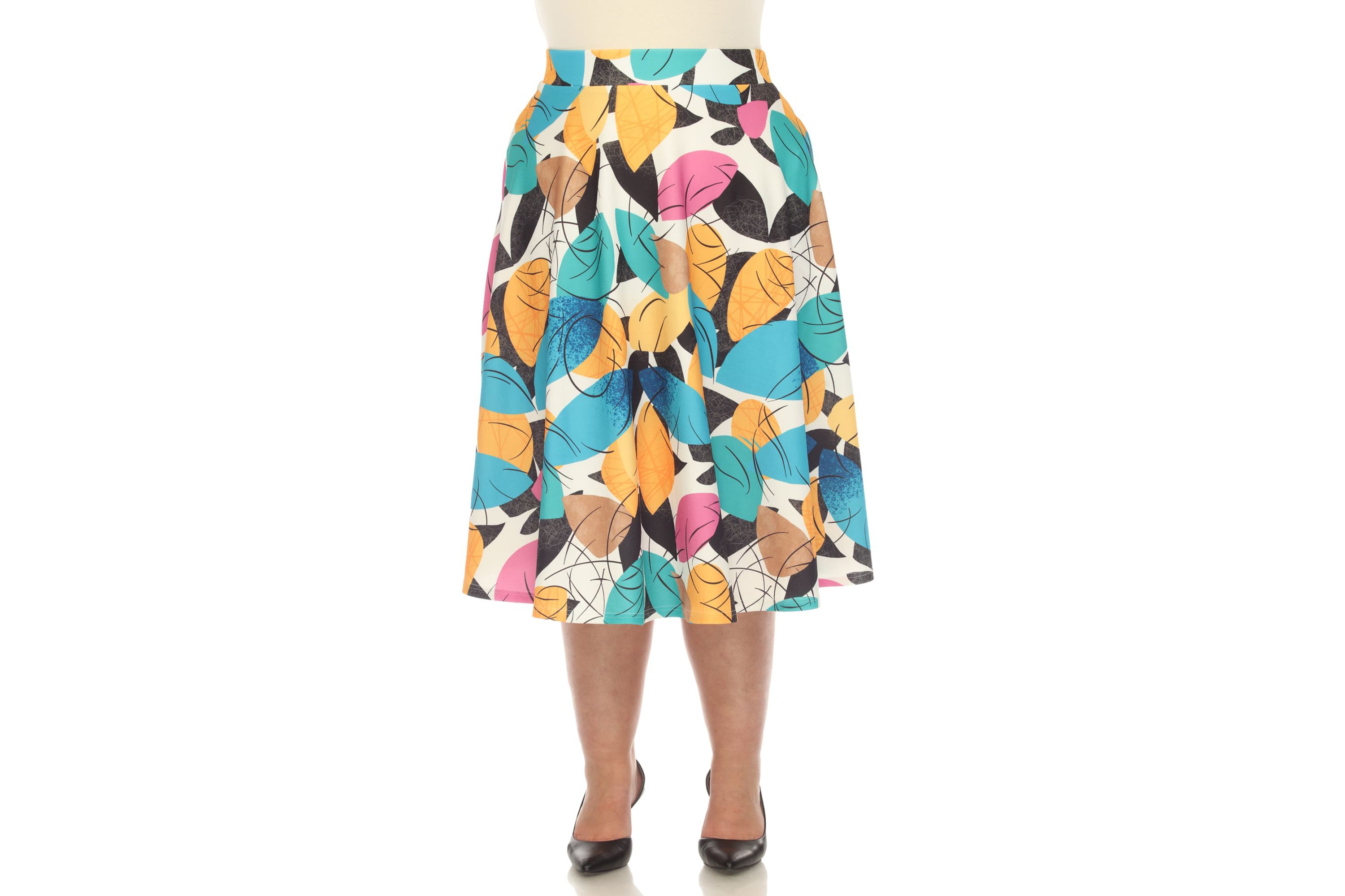 Plus Size Leaf Print Vintage Flared Midi Skirt