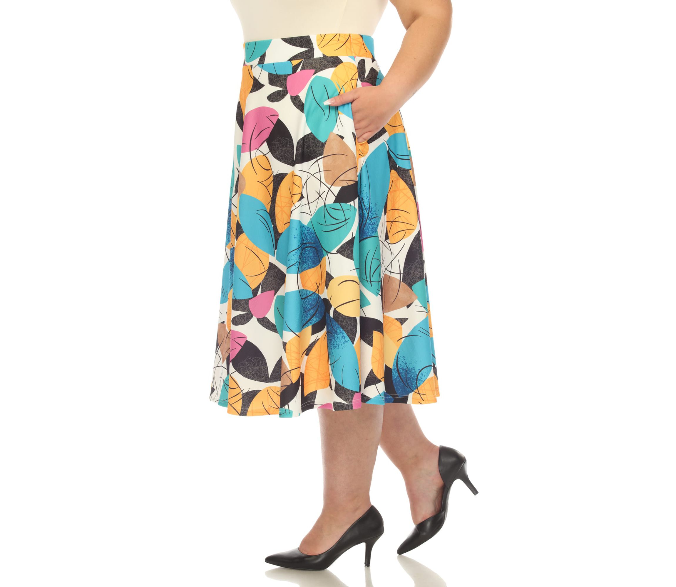 Plus Size Leaf Print Vintage Flared Midi Skirt
