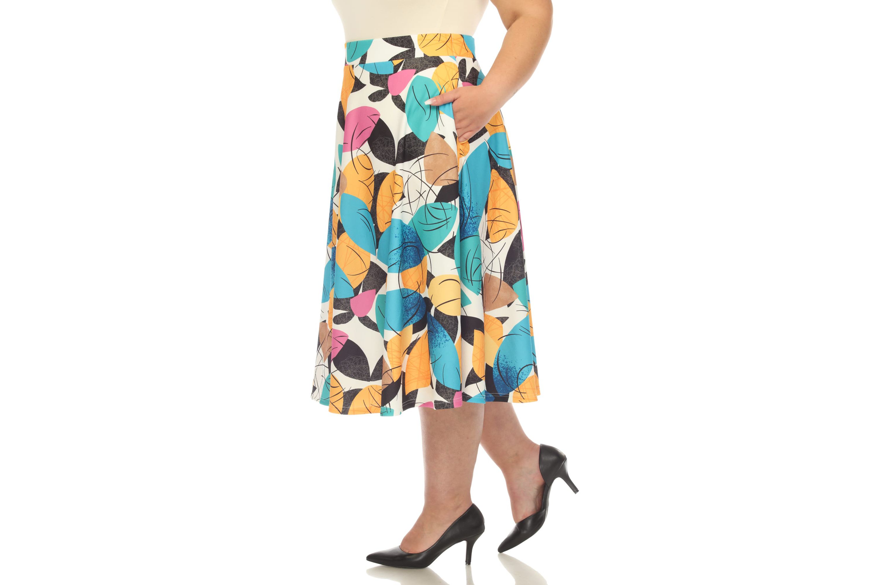 Plus Size Leaf Print Vintage Flared Midi Skirt