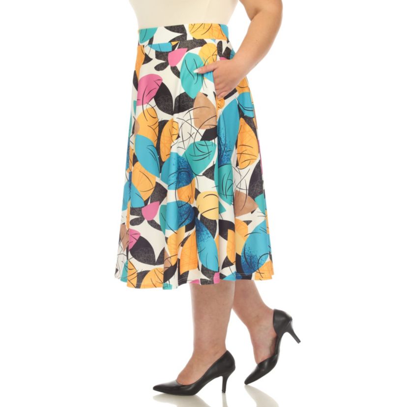 Plus Size Leaf Print Vintage Flared Midi Skirt