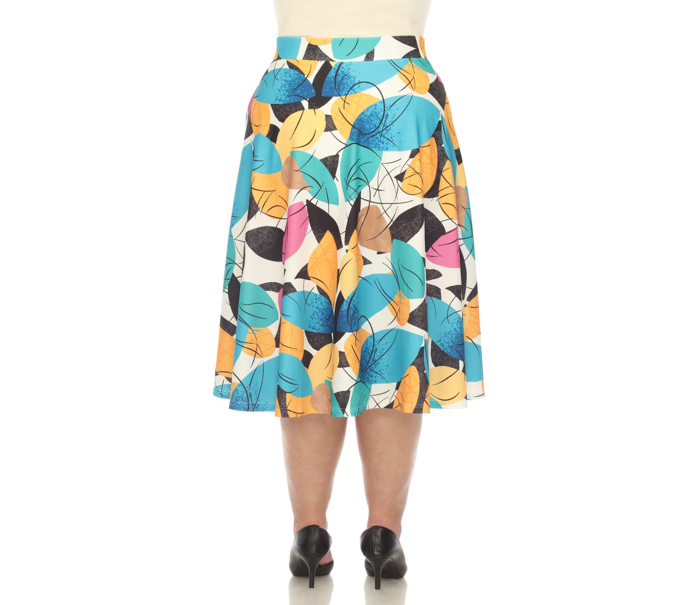 Plus Size Leaf Print Vintage Flared Midi Skirt