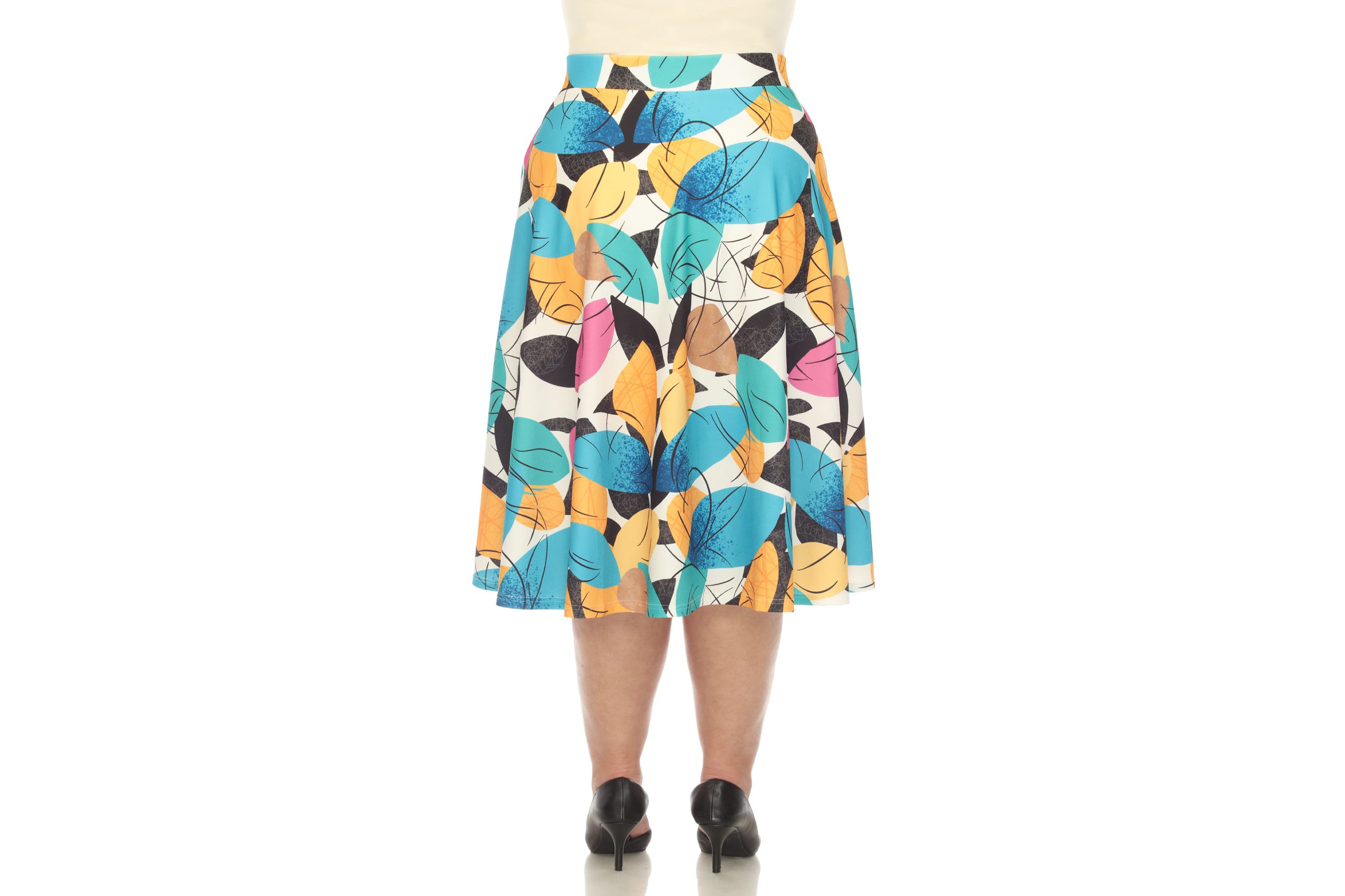 Plus Size Leaf Print Vintage Flared Midi Skirt
