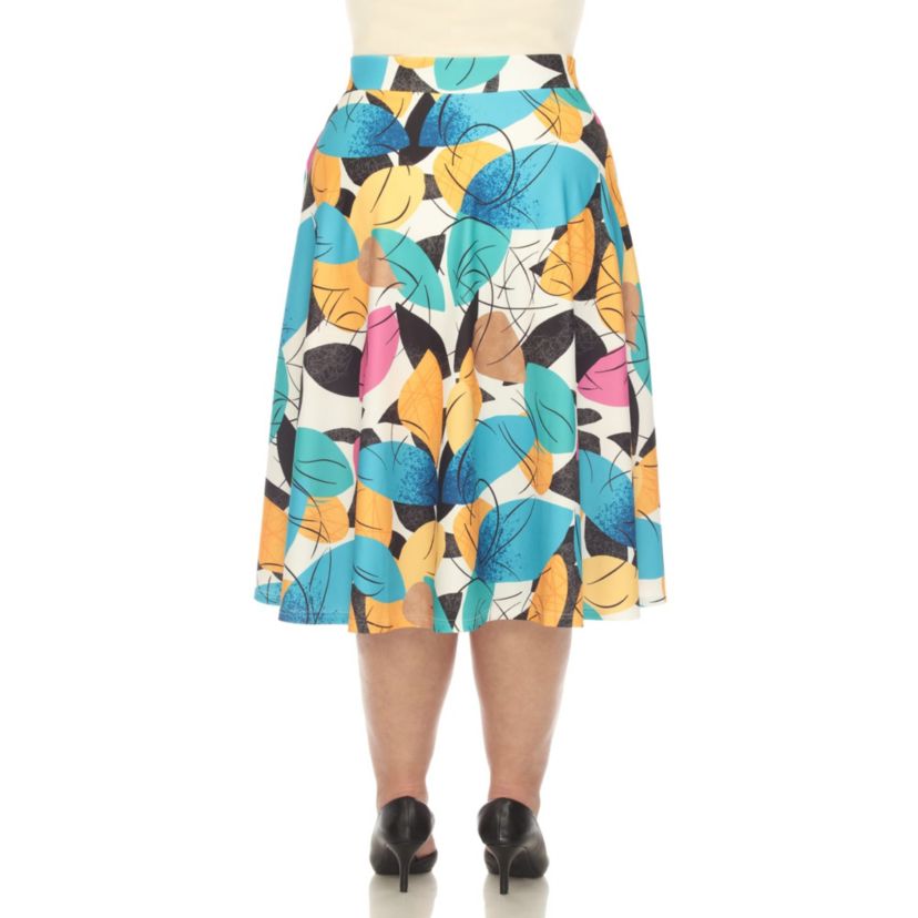 Plus Size Leaf Print Vintage Flared Midi Skirt