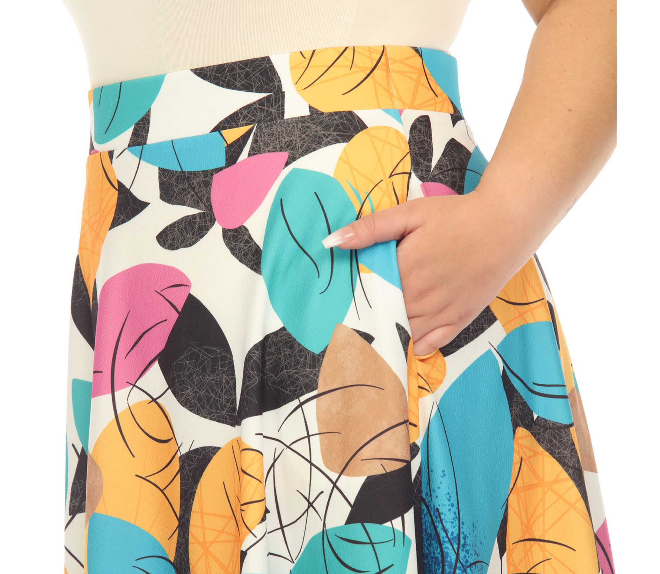 Plus Size Leaf Print Vintage Flared Midi Skirt