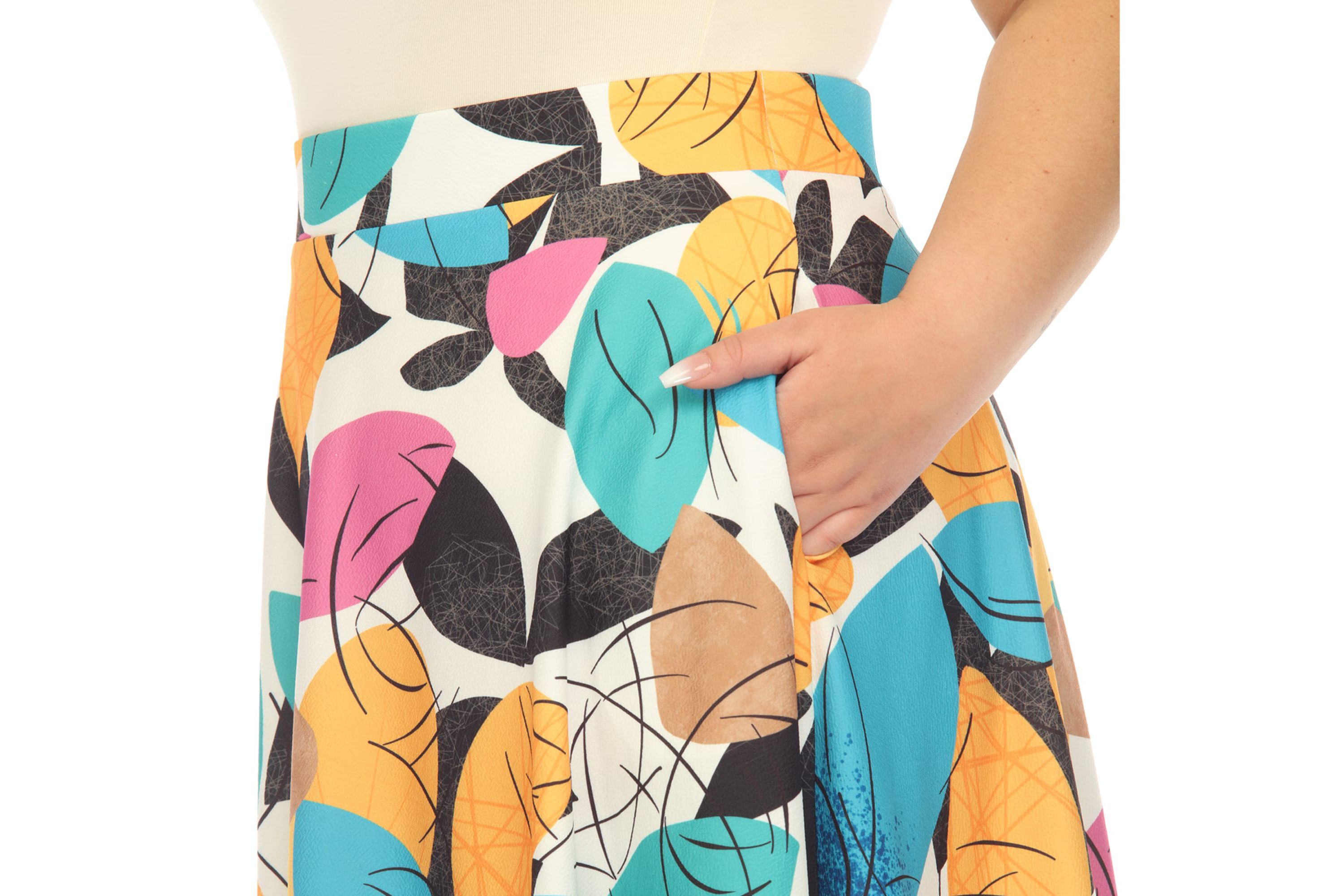 Plus Size Leaf Print Vintage Flared Midi Skirt