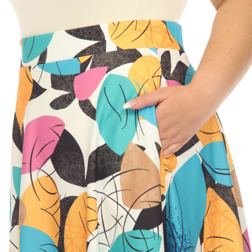 Plus Size Leaf Print Vintage Flared Midi Skirt