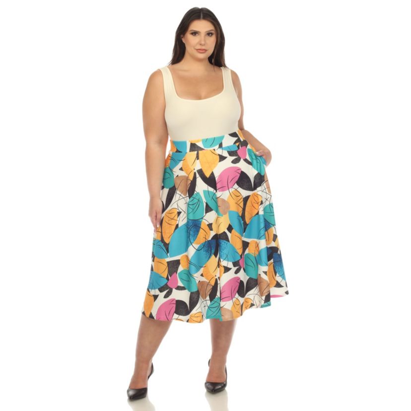 Plus Size Leaf Print Vintage Flared Midi Skirt