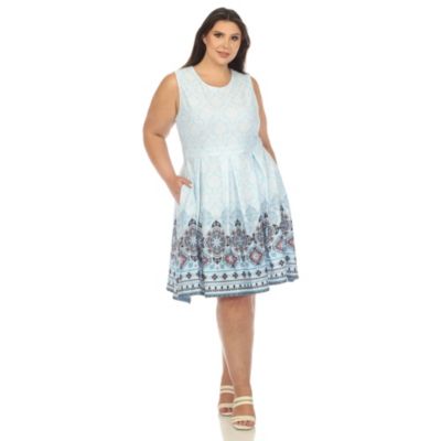 White Mark Women's Plus Size Fit and Flare Knee Length Dress, Blue, 2X