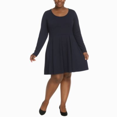 White Mark Women's Plus Size Classic Long Sleeve Fit and Flare Dress, Navy Blue, 3XL