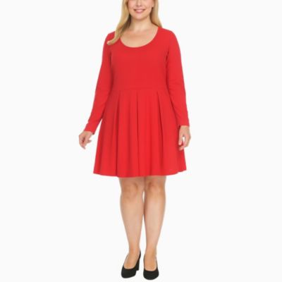 White Mark Women's Plus Size Classic Long Sleeve Fit and Flare Dress, Red, 3XL