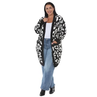 White Mark Women's Plus Size Leopard Print Plush Cardigan