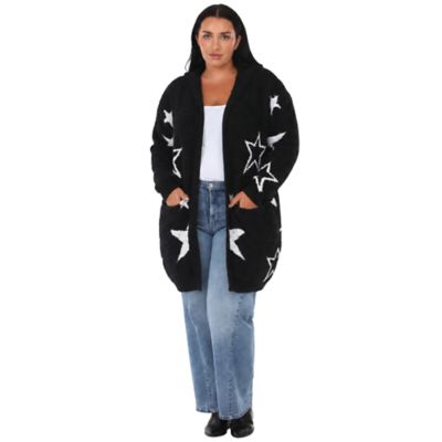 White Mark Women's Plus Size Star Print Hooded Plush Hooded Cardigan