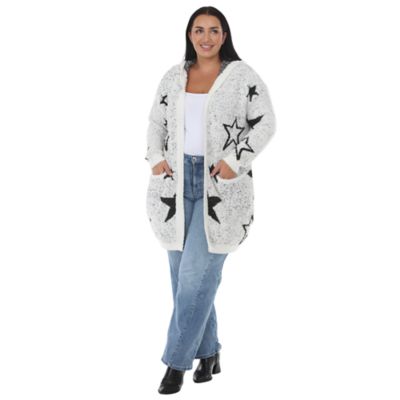 White Mark Women's Plus Size Star Print Hooded Plush Hooded Cardigan