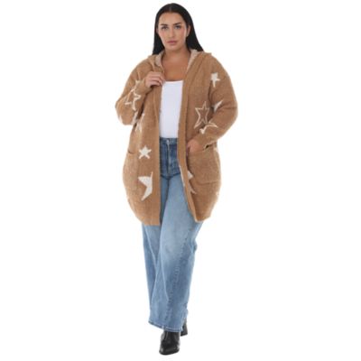 White Mark Women's Plus Size Star Print Hooded Plush Hooded Cardigan
