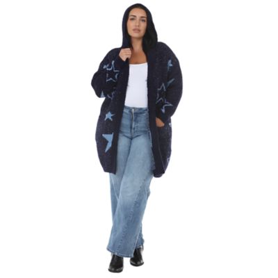 White Mark Women's Plus Size Star Print Hooded Plush Hooded Cardigan, Navy Blue